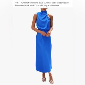 PrettyGarden Women's Blue Satin Sleeveless Maxi Dress.